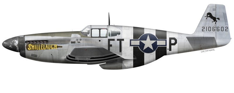 Le P-51B-10-NA 42-106602 en juin 1944. Ce sont ces couleurs et marquages qui ont été retenus pour la restauration. (Illustration © Gaëtan Marie)